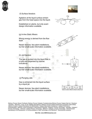 (f) Surface Aerators
Agitators at the liquid surface entrain
gas from the head space into the liquid.
Established on plants, but only scant
design information available.

(g) In-line Static Mixers
Mixing energy is derived from the flow
itself.
Newer devices; few plant installations,
but fair small-scale information available.

(h) Jet Ejectors
The gas is sucked into the liquid flow in
a tube and dispersed by intense
turbulence.
Newer devices; few plant installations,
but fair small-scale information available.

(j) Plunging Jets
Gas is entrained into the liquid surface
by a liquid jet.
Newer devices; few plant installations,
but fair small-scale information available.

Refinery Process Stream Purification Refinery Process Catalysts Troubleshooting Refinery Process Catalyst Start-Up / Shutdown
Activation Reduction In-situ Ex-situ Sulfiding Specializing in Refinery Process Catalyst Performance Evaluation Heat & Mass
Balance Analysis Catalyst Remaining Life Determination Catalyst Deactivation Assessment Catalyst Performance
Characterization Refining & Gas Processing & Petrochemical Industries Catalysts / Process Technology - Hydrogen Catalysts /
Process Technology – Ammonia Catalyst Process Technology - Methanol Catalysts / process Technology – Petrochemicals
Specializing in the Development & Commercialization of New Technology in the Refining & Petrochemical Industries
Web Site: www.GBHEnterprises.com

 