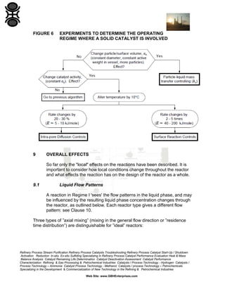 FIGURE 6

9

EXPERIMENTS TO DETERMINE THE OPERATING
REGIME WHERE A SOLID CATALYST IS INVOLVED

OVERALL EFFECTS
So far only the "local" effects on the reactions have been described. It is
important to consider how local conditions change throughout the reactor
and what effects the reaction has on the design of the reactor as a whole.

9.1

Liquid Flow Patterns
A reaction in Regime I 'sees' the flow patterns in the liquid phase, and may
be influenced by the resulting liquid phase concentration changes through
the reactor, as outlined below. Each reactor type gives a different flow
pattern: see Clause 10.

Three types of ”axial mixing” (mixing in the general flow direction or ”residence
time distribution”) are distinguishable for ”ideal” reactors:

Refinery Process Stream Purification Refinery Process Catalysts Troubleshooting Refinery Process Catalyst Start-Up / Shutdown
Activation Reduction In-situ Ex-situ Sulfiding Specializing in Refinery Process Catalyst Performance Evaluation Heat & Mass
Balance Analysis Catalyst Remaining Life Determination Catalyst Deactivation Assessment Catalyst Performance
Characterization Refining & Gas Processing & Petrochemical Industries Catalysts / Process Technology - Hydrogen Catalysts /
Process Technology – Ammonia Catalyst Process Technology - Methanol Catalysts / process Technology – Petrochemicals
Specializing in the Development & Commercialization of New Technology in the Refining & Petrochemical Industries
Web Site: www.GBHEnterprises.com

 