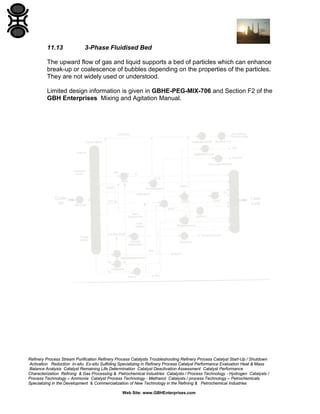 11.13

3-Phase Fluidised Bed

The upward flow of gas and liquid supports a bed of particles which can enhance
break-up or coalescence of bubbles depending on the properties of the particles.
They are not widely used or understood.
Limited design information is given in GBHE-PEG-MIX-706 and Section F2 of the
GBH Enterprises Mixing and Agitation Manual.

Refinery Process Stream Purification Refinery Process Catalysts Troubleshooting Refinery Process Catalyst Start-Up / Shutdown
Activation Reduction In-situ Ex-situ Sulfiding Specializing in Refinery Process Catalyst Performance Evaluation Heat & Mass
Balance Analysis Catalyst Remaining Life Determination Catalyst Deactivation Assessment Catalyst Performance
Characterization Refining & Gas Processing & Petrochemical Industries Catalysts / Process Technology - Hydrogen Catalysts /
Process Technology – Ammonia Catalyst Process Technology - Methanol Catalysts / process Technology – Petrochemicals
Specializing in the Development & Commercialization of New Technology in the Refining & Petrochemical Industries
Web Site: www.GBHEnterprises.com

 