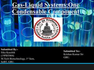 Gas-Liquid Systems:One
Condensable Component
Submitted By:-
Ilika Kaushik
(19PBT004)
M.Tech Biotechnology, 1st Sem,
SoBT, GBU.
Submitted To:-
Krishan Kumar Sir
GBU.
 