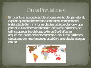 En cuanto a la capacidad de procesamiento de gas natural, explica que actualmente se cuenta con una capacidad instalada de 5 mil millones de pies cúbicos diarios y que para el 2010 deberá de alcanzar los 10 mil millones. Se estima que dentro de los próximos 5 o 6 años se requerirán inversiones de cercanas a los 36 mil millones de dólares en materia de exploración y explotación de gas natural.  