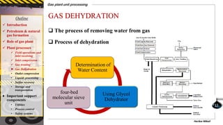 GAS DEHYDRATIONOutline
 Introduction
 Petroleum & natural
gas formation
 Role of gas plant
 Plant processes
 Field operations and
inlet receiving
 Inlet compression
 Gas treating
► Gas Dehydration
• Outlet compression
• Liquids processing
• Sulfur recovery
• Storage and
transportation
♦ Important support
components
• Utilities
• Process control
• Safety systems
Gas plant unit processing
Harikar Mikail
15
 The process of removing water from gas
 Process of dehydration
Determination of
Water Content
Using Glycol
Dehydrator
four-bed
molecular sieve
unit
 