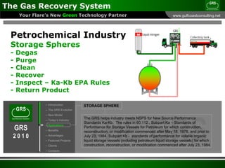 The GRS helps industry meets NSPS for New Source Performance Standards Ka-Kb.  The rules in 60.112., Subpart Ka – Standards of Performance for Storage Vessels for Petroleum for which construction, reconstruction, or modification commenced after May 18, 1978, and prior to July 23, 1984. Subpart Kb -  standards of performance for volatile organic liquid storage vessels (including petroleum liquid storage vessels) for which construction, reconstruction, or modification commenced after July 23, 1984.  Petrochemical Industry Storage Spheres - Degas - Purge - Clean - Recover - Inspect – Ka-Kb EPA Rules - Return Product STORAGE SPHERE -- Introduction -- The GRS Evolution -- New Model -- Today’s Industry --  Applications -- Benefits -- Advantages -- Featured Projects -- Clients -- Contacts 