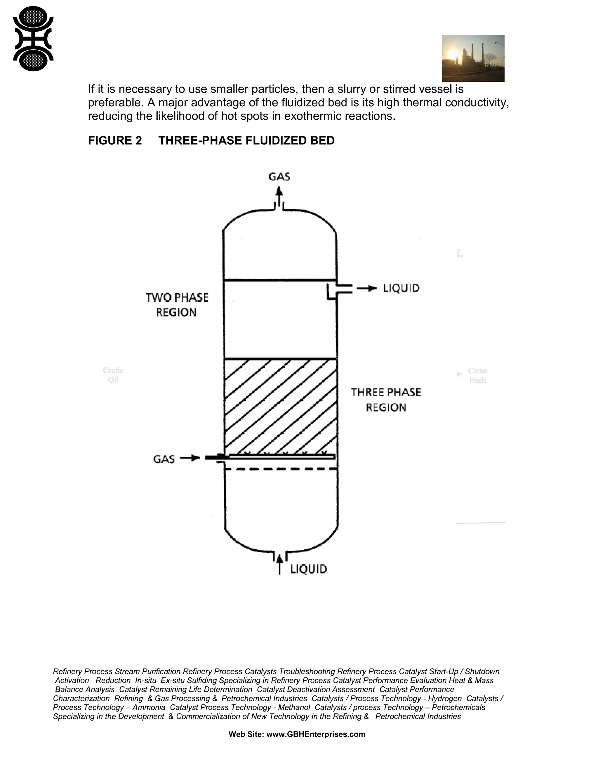 If it is necessary to use smaller particles, then a slurry or stirred vessel is
preferable. A major advantage of the fluidized bed is its high thermal conductivity,
reducing the likelihood of hot spots in exothermic reactions.
FIGURE 2

THREE-PHASE FLUIDIZED BED

Refinery Process Stream Purification Refinery Process Catalysts Troubleshooting Refinery Process Catalyst Start-Up / Shutdown
Activation Reduction In-situ Ex-situ Sulfiding Specializing in Refinery Process Catalyst Performance Evaluation Heat & Mass
Balance Analysis Catalyst Remaining Life Determination Catalyst Deactivation Assessment Catalyst Performance
Characterization Refining & Gas Processing & Petrochemical Industries Catalysts / Process Technology - Hydrogen Catalysts /
Process Technology – Ammonia Catalyst Process Technology - Methanol Catalysts / process Technology – Petrochemicals
Specializing in the Development & Commercialization of New Technology in the Refining & Petrochemical Industries
Web Site: www.GBHEnterprises.com

 