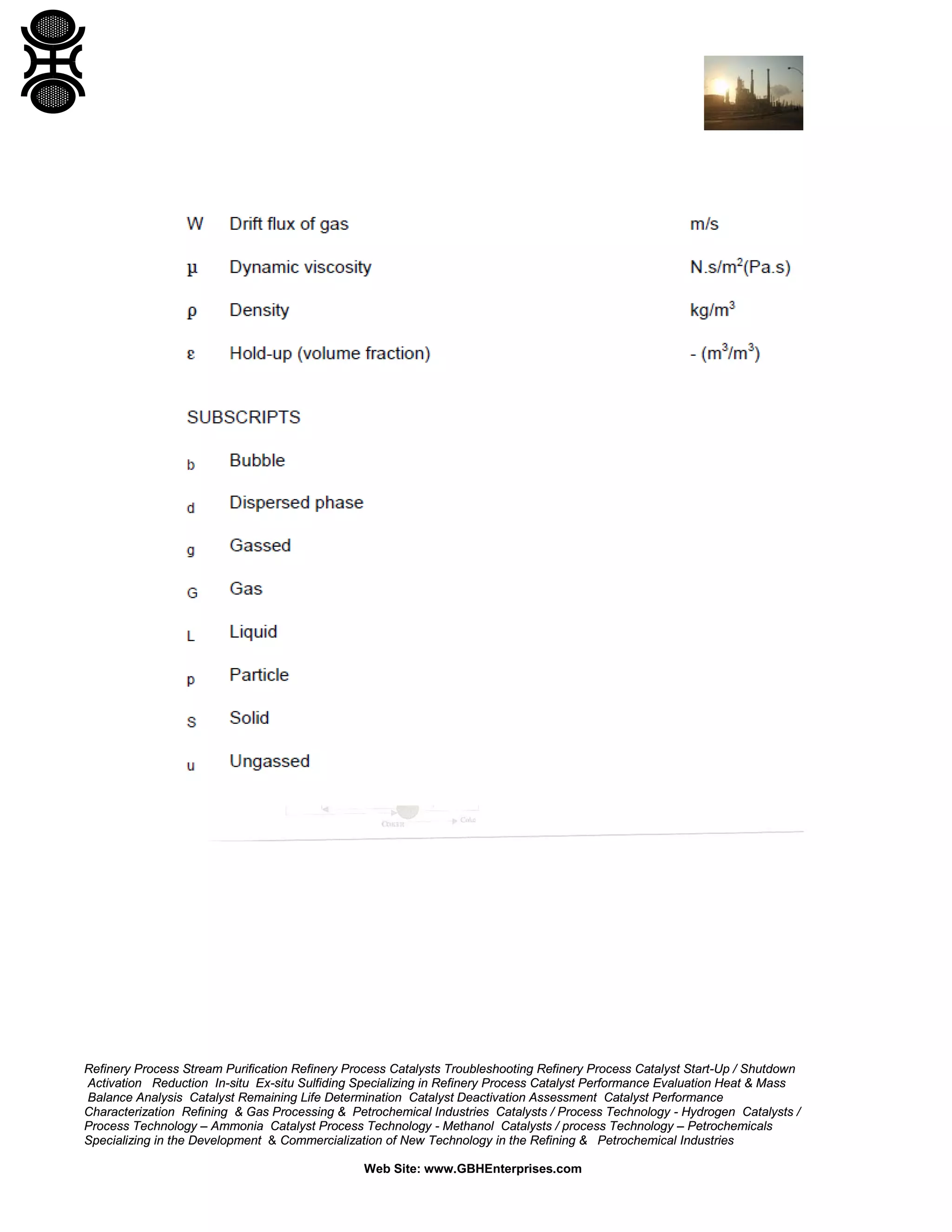 Refinery Process Stream Purification Refinery Process Catalysts Troubleshooting Refinery Process Catalyst Start-Up / Shutdown
Activation Reduction In-situ Ex-situ Sulfiding Specializing in Refinery Process Catalyst Performance Evaluation Heat & Mass
Balance Analysis Catalyst Remaining Life Determination Catalyst Deactivation Assessment Catalyst Performance
Characterization Refining & Gas Processing & Petrochemical Industries Catalysts / Process Technology - Hydrogen Catalysts /
Process Technology – Ammonia Catalyst Process Technology - Methanol Catalysts / process Technology – Petrochemicals
Specializing in the Development & Commercialization of New Technology in the Refining & Petrochemical Industries
Web Site: www.GBHEnterprises.com

 