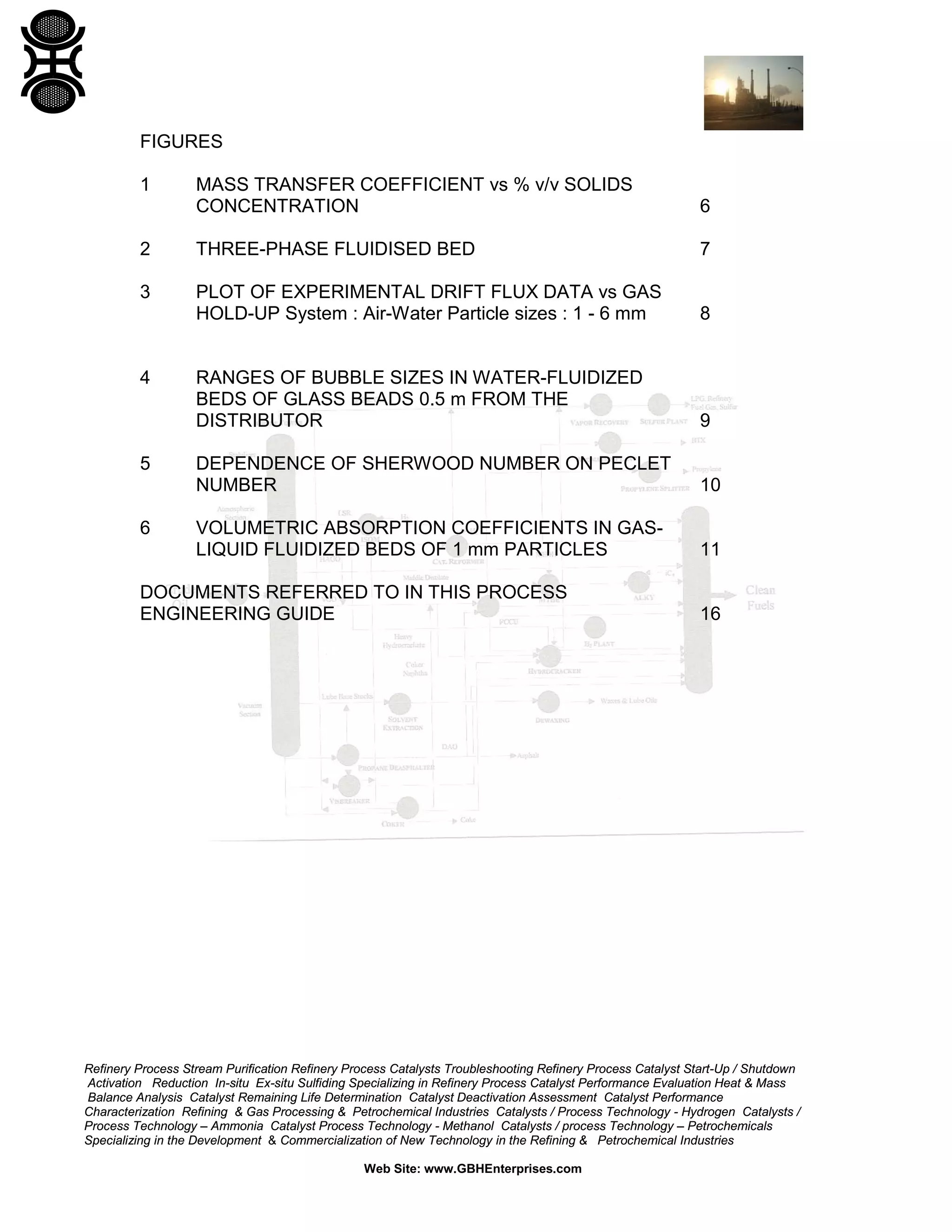 FIGURES
1

MASS TRANSFER COEFFICIENT vs % v/v SOLIDS
CONCENTRATION

6

2

THREE-PHASE FLUIDISED BED

7

3

PLOT OF EXPERIMENTAL DRIFT FLUX DATA vs GAS
HOLD-UP System : Air-Water Particle sizes : 1 - 6 mm

8

RANGES OF BUBBLE SIZES IN WATER-FLUIDIZED
BEDS OF GLASS BEADS 0.5 m FROM THE
DISTRIBUTOR

9

DEPENDENCE OF SHERWOOD NUMBER ON PECLET
NUMBER

10

VOLUMETRIC ABSORPTION COEFFICIENTS IN GASLIQUID FLUIDIZED BEDS OF 1 mm PARTICLES

11

4

5

6

DOCUMENTS REFERRED TO IN THIS PROCESS
ENGINEERING GUIDE

16

Refinery Process Stream Purification Refinery Process Catalysts Troubleshooting Refinery Process Catalyst Start-Up / Shutdown
Activation Reduction In-situ Ex-situ Sulfiding Specializing in Refinery Process Catalyst Performance Evaluation Heat & Mass
Balance Analysis Catalyst Remaining Life Determination Catalyst Deactivation Assessment Catalyst Performance
Characterization Refining & Gas Processing & Petrochemical Industries Catalysts / Process Technology - Hydrogen Catalysts /
Process Technology – Ammonia Catalyst Process Technology - Methanol Catalysts / process Technology – Petrochemicals
Specializing in the Development & Commercialization of New Technology in the Refining & Petrochemical Industries
Web Site: www.GBHEnterprises.com

 
