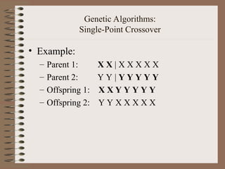 Genetic Algorithms:
Single-Point Crossover
• Example:
– Parent 1: X X | X X X X X
– Parent 2: Y Y | Y Y Y Y Y
– Offspring 1: X X Y Y Y Y Y
– Offspring 2: Y Y X X X X X
 
