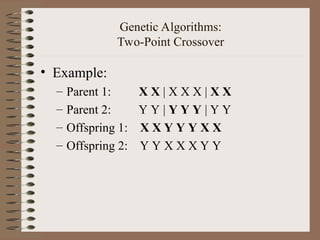 Genetic Algorithms:
Two-Point Crossover
• Example:
– Parent 1: X X | X X X | X X
– Parent 2: Y Y | Y Y Y | Y Y
– Offspring 1: X X Y Y Y X X
– Offspring 2: Y Y X X X Y Y
 