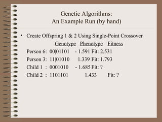 Genetic Algorithms:
An Example Run (by hand)
• Create Offspring 1 & 2 Using Single-Point Crossover
Genotype Phenotype Fitness
Person 6: 00|01101 - 1.591 Fit: 2.531
Person 3: 11|01010 1.339 Fit: 1.793
Child 1 : 0001010 - 1.685 Fit: ?
Child 2 : 1101101 1.433 Fit: ?
 