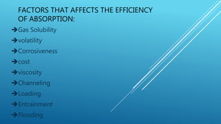 FACTORS THAT AFFECTS THE EFFICIENCY
OF ABSORPTION:
Gas Solubility
volatility
Corrosiveness
cost
viscosity
Channeling
Loading
Entrainment
Flooding