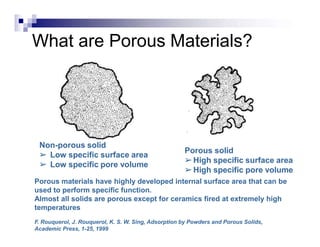 Porous materials have highly developed internal surface area that can be
used to perform specific function.
Almost all solids are porous except for ceramics fired at extremely high
temperatures
F. Rouquerol, J. Rouquerol, K. S. W. Sing, Adsorption by Powders and Porous Solids,
Academic Press, 1-25, 1999
What are Porous Materials?
Non-porous solid
➢ Low specific surface area
➢ Low specific pore volume
Porous solid
➢High specific surface area
➢High specific pore volume
 