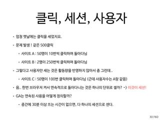 /160
사이트에 뭔가 요상한 변화가 생기면, 구글이 알아서
찾아서 여기에 기록해준다. 심심하면 여기를 본다.
28
지금, 라잇나우, 유저들이 어디서 왔고, 무슨 페이지를
보고 있고, 뭐하고 있는지가 뜬다.
우리 가게 안에 들어온 모든 손님들의 자체의 특성에 집중. 나이
는 어떻고, 모바일인지, 얼마나 머무는지, 얼마만에 왔는지 등
우리 가게에 뭘 보고 들어오게 되었는지 집중 살핀다. 어떤 링크
타고 왔는지, 어떤 광고 보고 왔는지, 얼마나 둘러보고 가는지
‘잠재고객’은 ‘손님 자체’의 특성이라면 방문형태는 ‘손
님의 활동’의 특성을 살핀다. 와서 뭘보는지에 집중한다
제일 중요한, 실제 가입을 했는지, 매출을 올렸는지 등
우리가 KPI로 생각하는 목표에 집중해 살핀다.
 