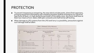 PROTECTION
■ To prevent trespassing or tampering, the area which includes tanks, direct fired vaporizers,
pumping equipment and loading and unloading facilities shall be enclosed by an industrial
type fence at least 2 m high along the perimeter of the safety zone. Any fence shall have at
least two means of exit. Gates shall open outwards and shall not be self-locking.
■ When damage to LPG systems from the LPG tank lorry is a possibility, precautions against
such damage shall be taken.
 