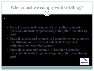 When must we comply with GASB 45? GASB defined three (3) phases (used for GASB 34) & associated effective dates: Phase I (total annual revenues of $100 million or more) – financial statements for periods beginning after December 15, 2006 Phase II (total annual revenues of $10 million or more, but less than $100 million) – financial statements for periods beginning after December 15, 2007 Phase III (total annual revenues of less than $10 million) – financial statements for periods beginning after December 15, 2008 