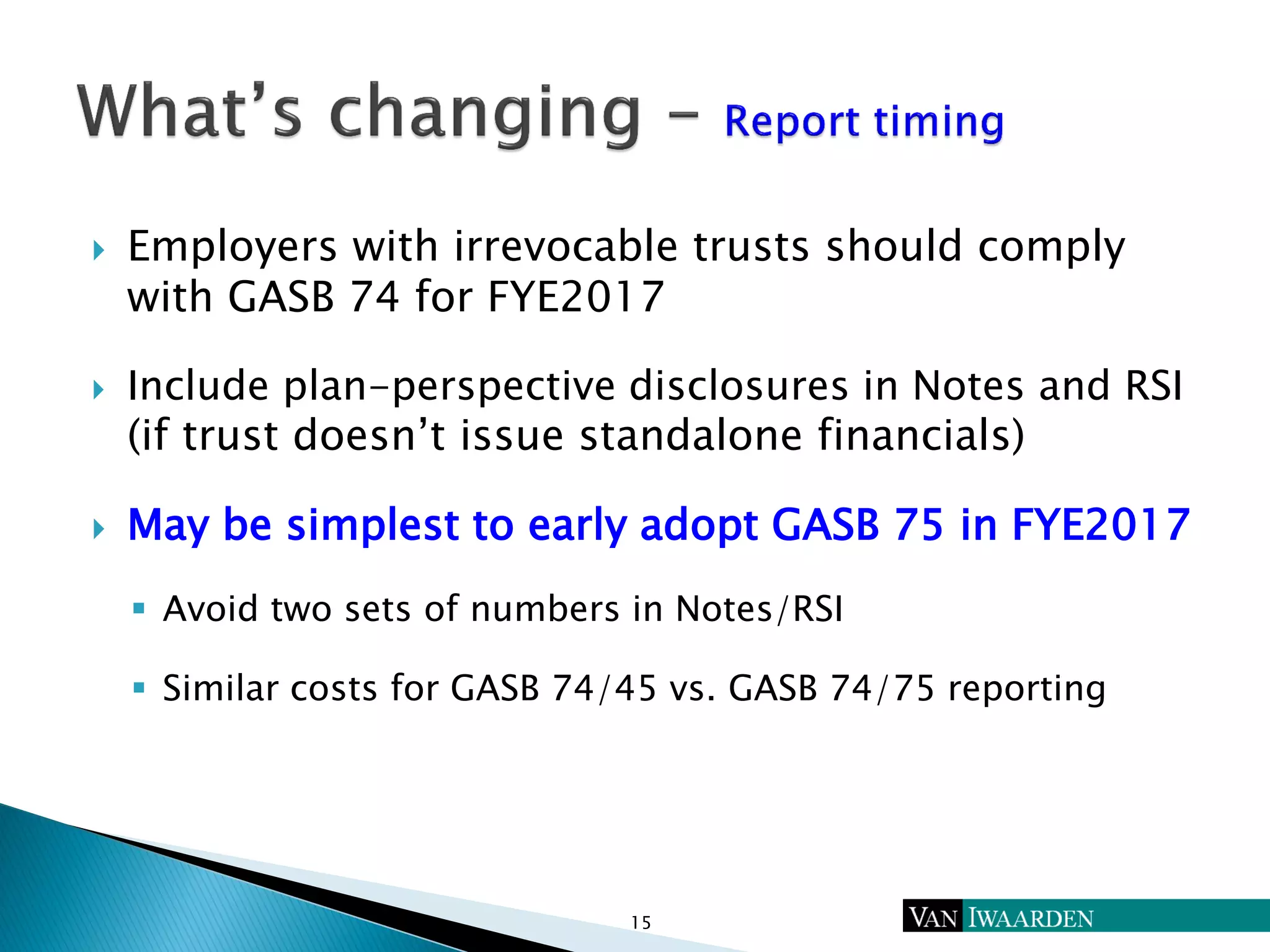  Employers with irrevocable trusts should comply
with GASB 74 for FYE2017
 Include plan-perspective disclosures in Notes and RSI
(if trust doesn’t issue standalone financials)
 May be simplest to early adopt GASB 75 in FYE2017
 Avoid two sets of numbers in Notes/RSI
 Similar costs for GASB 74/45 vs. GASB 74/75 reporting
15
 
