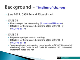  June 2015: GASB 74 and 75 published
 GASB 74
 Plan-perspective accounting (if have an OPEB trust)
 Effective for fisc...