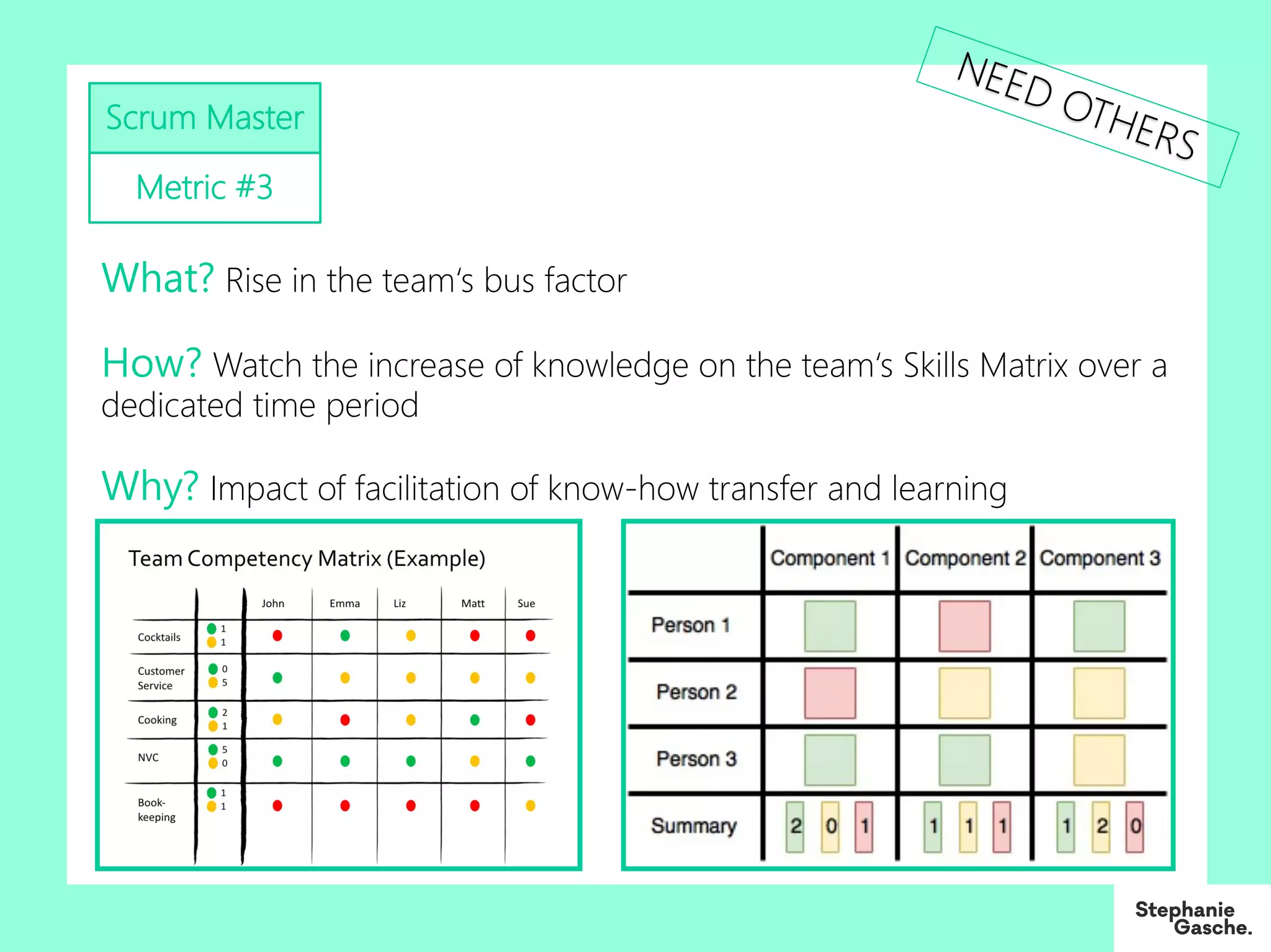 Scrum Master
Metric #3
What? Rise in the team‘s bus factor
How? Watch the increase of knowledge on the team‘s Skills Matrix over a
dedicated time period
Why? Impact of facilitation of know-how transfer and learning
NEED OTHERS
 