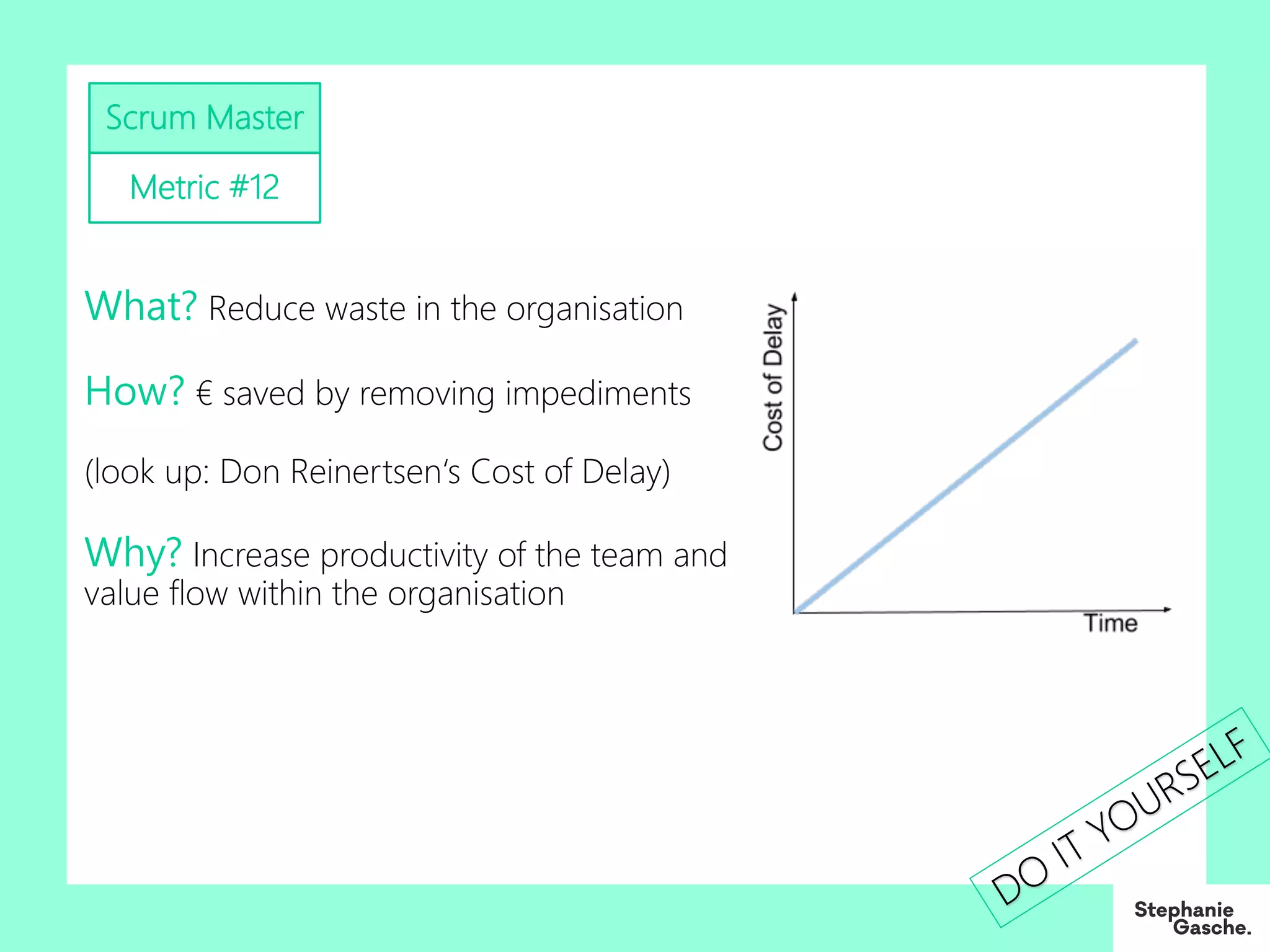 Scrum Master
Metric #12
What? Reduce waste in the organisation
How? € saved by removing impediments
(look up: Don Reinertsen‘s Cost of Delay)
Why? Increase productivity of the team and
value flow within the organisation
DO
IT YOURSELF
 