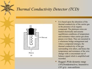 Thermal Conductivity Detector (TCD)
 It is based upon the alteration of the
thermal conductivity of the carrier gas
in the presence of an organic
compound. The platinum wires are
heated electrically and assume
equilibrium conditions of temperature
and resistance when carrier gas alone
passes over them. They are mounted in
a whetstone bridge arrangement and
when a compound emerges, the
thermal conductivity of the gas
surrounding wire alters, and hence the
temperature and resistance of the wire
change with a concomitant out of
balance signal which is amplified and
recorded.
 Rugged ;Wide dynamic range
(105
);Nondestructive; Insensitive
(10-8
g/s) - non-uniform
 