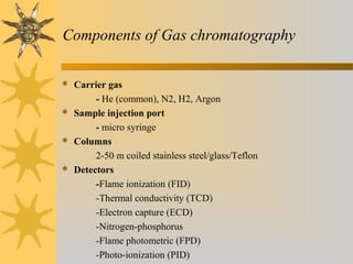 Components of Gas chromatography
 Carrier gas
- He (common), N2, H2, Argon
 Sample injection port
- micro syringe
 Columns
2-50 m coiled stainless steel/glass/Teflon
 Detectors
-Flame ionization (FID)
-Thermal conductivity (TCD)
-Electron capture (ECD)
-Nitrogen-phosphorus
-Flame photometric (FPD)
-Photo-ionization (PID)
 