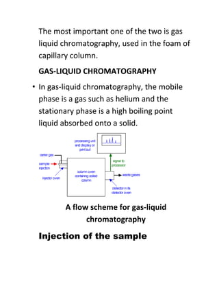 The most important one of the two is gas
liquid chromatography, used in the foam of
capillary column.
GAS-LIQUID CHROMATOGRAPHY
• In gas-liquid chromatography, the mobile
phase is a gas such as helium and the
stationary phase is a high boiling point
liquid absorbed onto a solid.
A flow scheme for gas-liquid
chromatography
Injection of the sample
 