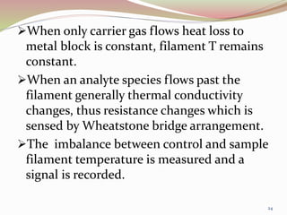 When only carrier gas flows heat loss to
metal block is constant, filament T remains
constant.
When an analyte species flows past the
filament generally thermal conductivity
changes, thus resistance changes which is
sensed by Wheatstone bridge arrangement.
The imbalance between control and sample
filament temperature is measured and a
signal is recorded.
24
 