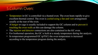 • Temperature in GC is controlled via a heated oven. The oven heats rapidly to give
excellent thermal control. The oven is cooled using a fan and vent arrangement
usually at the rear of the oven.
• A hanger or cage is usually included to support the GC column and to prevent it
touching the oven walls as this can damage the column.
• The injector and detector connections are also contained in the GC oven.
• For Isothermal operation, the GC is held at a steady temperature during the analysis.
• In temperature programmed GC (pTGC) the oven temperature is increased
according to the temperature program during the analysis.
5.Column Oven:
 