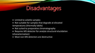  Limited to volatile samples
 Not suitable for samples that degrade at elevated
temperatures (thermally labile)
 Not suited to preparative chromatography
 Requires MS detector for analyte structural elucidation
(characterization)
 Most non-MS detectors are destructive
 