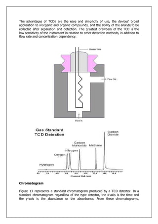 The advantages of TCDs are the ease and simplicity of use, the devices' broad
application to inorganic and organic compounds, and the ability of the analyte to be
collected after separation and detection. The greatest drawback of the TCD is the
low sensitivity of the instrument in relation to other detection methods, in addition to
flow rate and concentration dependency.
Chromatogram
Figure 13 represents a standard chromatogram produced by a TCD detector. In a
standard chromatogram regardless of the type detector, the x-axis is the time and
the y-axis is the abundance or the absorbance. From these chromatograms,
 