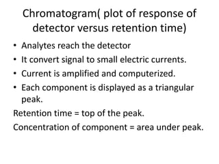 Chromatogram( plot of response of
detector versus retention time)
• Analytes reach the detector
• It convert signal to small electric currents.
• Current is amplified and computerized.
• Each component is displayed as a triangular
peak.
Retention time = top of the peak.
Concentration of component = area under peak.
 