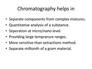 Chromatography helps in
• Separate components from complex mixtures.
• Quantitative analysis of a substance.
• Seperation at micro/nano level.
• Providing large temprarure ranges.
• More sensitive than extractions method.
• Separate millionth of a gram material.
 