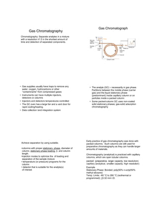 Gas Chromatography
Chromatography: Separate analytes in a mixture
with a resolution ≥1.5 in the shortest amount of
time and detection of separated components.
Gas Chromatograph
1
2
3
4
5
6
= m.p.
• Gas supplies usually have traps to remove any
water, oxygen, hydrocarbons or other
“contaminants” from compressed gases
• Instruments can have multiple injectors,
detectors or columns
• Injectors and detectors temperatures controlled
• The GC oven has a large fan and a vent door for
rapid cooling/heating.
• Data collection /and integration system
• The analyte (GC) – necessarily in gas phase.
Partitions between the mobile phase (carrier
gas) and the liquid stationary phase
(predominant) inside capillary column or on
particles inside a packed column
• Some packed-column GC uses non-coated
solid stationary phases; gas-solid adsorption
chromatography
Achieve separation by using suitable;
•columns with proper stationary phase, diameter of
column, stationary phase loading, , and column
length.
•injection modes to optimize the of loading and
separation of the sample mixture
• temperature (or pressure) programs for the
column
• detector that is suitable for the analyte(s)
of interest
Early practice of gas chromatography was done with
packed columns. Such columns are still used for
preparative chromatography as they can handle larger
amounts of materials.
Chromatography (analytical) is practiced with capillary
columns, which are open tubular columns.
Example
Stationary Phase: Bonded; poly(50% n-octyl/50%
methyl siloxane)
Temp. Limits: -60 °C to 280 °C (isothermal or
programmed); <0.32 mm I.D.
 