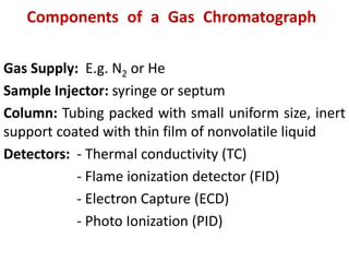 Components of a Gas Chromatograph
Gas Supply: E.g. N2 or He
Sample Injector: syringe or septum
Column: Tubing packed with small uniform size, inert
support coated with thin film of nonvolatile liquid
Detectors: - Thermal conductivity (TC)
- Flame ionization detector (FID)
- Electron Capture (ECD)
- Photo Ionization (PID)
 