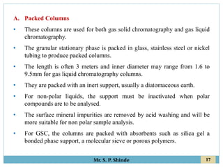 17
Mr. S. P. Shinde
A. Packed Columns
• These columns are used for both gas solid chromatography and gas liquid
chromatography.
• The granular stationary phase is packed in glass, stainless steel or nickel
tubing to produce packed columns.
• The length is often 3 meters and inner diameter may range from 1.6 to
9.5mm for gas liquid chromatography columns.
• They are packed with an inert support, usually a diatomaceous earth.
• For non-polar liquids, the support must be inactivated when polar
compounds are to be analysed.
• The surface mineral impurities are removed by acid washing and will be
more suitable for non polar sample analysis.
• For GSC, the columns are packed with absorbents such as silica gel a
bonded phase support, a molecular sieve or porous polymers.
 