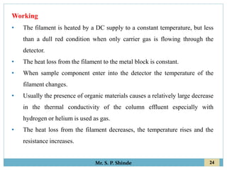 24
Mr. S. P. Shinde
Working
• The filament is heated by a DC supply to a constant temperature, but less
than a dull red condition when only carrier gas is flowing through the
detector.
• The heat loss from the filament to the metal block is constant.
• When sample component enter into the detector the temperature of the
filament changes.
• Usually the presence of organic materials causes a relatively large decrease
in the thermal conductivity of the column effluent especially with
hydrogen or helium is used as gas.
• The heat loss from the filament decreases, the temperature rises and the
resistance increases.
 