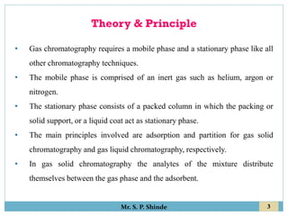 3
Mr. S. P. Shinde
Theory & Principle
• Gas chromatography requires a mobile phase and a stationary phase like all
other chromatography techniques.
• The mobile phase is comprised of an inert gas such as helium, argon or
nitrogen.
• The stationary phase consists of a packed column in which the packing or
solid support, or a liquid coat act as stationary phase.
• The main principles involved are adsorption and partition for gas solid
chromatography and gas liquid chromatography, respectively.
• In gas solid chromatography the analytes of the mixture distribute
themselves between the gas phase and the adsorbent.
 