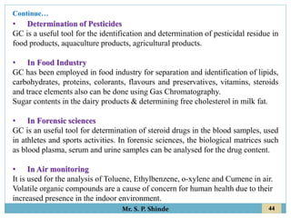 44
Mr. S. P. Shinde
• Determination of Pesticides
GC is a useful tool for the identification and determination of pesticidal residue in
food products, aquaculture products, agricultural products.
• In Food Industry
GC has been employed in food industry for separation and identification of lipids,
carbohydrates, proteins, colorants, flavours and preservatives, vitamins, steroids
and trace elements also can be done using Gas Chromatography.
Sugar contents in the dairy products & determining free cholesterol in milk fat.
• In Forensic sciences
GC is an useful tool for determination of steroid drugs in the blood samples, used
in athletes and sports activities. In forensic sciences, the biological matrices such
as blood plasma, serum and urine samples can be analysed for the drug content.
• In Air monitoring
It is used for the analysis of Toluene, Ethylbenzene, o-xylene and Cumene in air.
Volatile organic compounds are a cause of concern for human health due to their
increased presence in the indoor environment.
Continue…
 