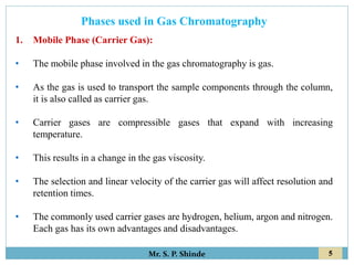5
Mr. S. P. Shinde
Phases used in Gas Chromatography
1. Mobile Phase (Carrier Gas):
• The mobile phase involved in the gas chromatography is gas.
• As the gas is used to transport the sample components through the column,
it is also called as carrier gas.
• Carrier gases are compressible gases that expand with increasing
temperature.
• This results in a change in the gas viscosity.
• The selection and linear velocity of the carrier gas will affect resolution and
retention times.
• The commonly used carrier gases are hydrogen, helium, argon and nitrogen.
Each gas has its own advantages and disadvantages.
 