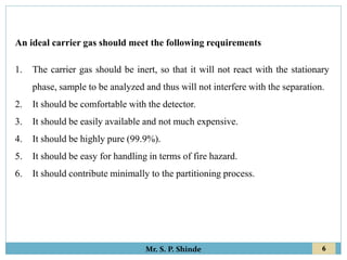 6
Mr. S. P. Shinde
An ideal carrier gas should meet the following requirements
1. The carrier gas should be inert, so that it will not react with the stationary
phase, sample to be analyzed and thus will not interfere with the separation.
2. It should be comfortable with the detector.
3. It should be easily available and not much expensive.
4. It should be highly pure (99.9%).
5. It should be easy for handling in terms of fire hazard.
6. It should contribute minimally to the partitioning process.
 