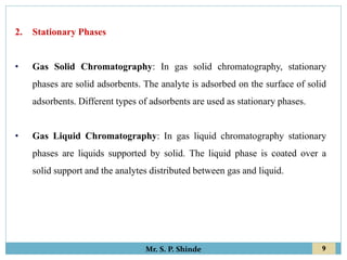 9
Mr. S. P. Shinde
2. Stationary Phases
• Gas Solid Chromatography: In gas solid chromatography, stationary
phases are solid adsorbents. The analyte is adsorbed on the surface of solid
adsorbents. Different types of adsorbents are used as stationary phases.
• Gas Liquid Chromatography: In gas liquid chromatography stationary
phases are liquids supported by solid. The liquid phase is coated over a
solid support and the analytes distributed between gas and liquid.
 