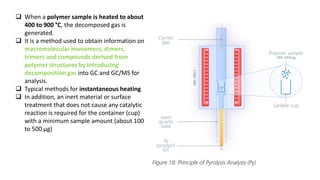 ❑ When a polymer sample is heated to about
400 to 900 °C, the decomposed gas is
generated.
❑ It is a method used to obtain information on
macromolecular monomers, dimers,
trimers and compounds derived from
polymer structures by introducing
decomposition gas into GC and GC/MS for
analysis.
❑ Typical methods for instantaneous heating
❑ In addition, an inert material or surface
treatment that does not cause any catalytic
reaction is required for the container (cup)
with a minimum sample amount (about 100
to 500 μg)
 