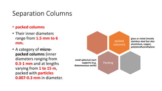 Separation Columns
• packed columns
• Their inner diameters
range from 1.5 mm to 6
mm.
• A category of micro-
packed columns (inner
diameters ranging from
0.3-1 mm and at lengths
varying from 1 to 15 m,
packed with particles
0.007-0.3 mm in diameter.
packed
columns)
glass or metal (mostly
stainless steel but also
aluminium, copper,
polytetrafluorethylene
Packing
small spherical inert
supports (e.g.
diatomaceous earth)
 