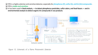 ❑ FPD is a highly selective and sensitive detector, especially for phosphorus (P), sulfur (S), and tin (Sn) compounds.
❑ FPD is stable and sensitive.
❑ It has been used in food analysis, — to detect phosphorus pesticides, sulfur odors, and food favors — and in
environmental analysis to detect organic tin compounds in sea products.
 
