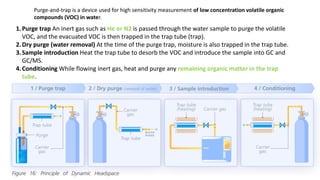 Purge-and-trap is a device used for high sensitivity measurement of low concentration volatile organic
compounds (VOC) in water.
1.Purge trap An inert gas such as He or N2 is passed through the water sample to purge the volatile
VOC, and the evacuated VOC is then trapped in the trap tube (trap).
2.Dry purge (water removal) At the time of the purge trap, moisture is also trapped in the trap tube.
3.Sample introduction Heat the trap tube to desorb the VOC and introduce the sample into GC and
GC/MS.
4.Conditioning While flowing inert gas, heat and purge any remaining organic matter in the trap
tube.
 