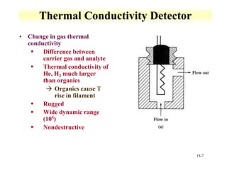 18-7
Thermal Conductivity Detector
• Change in gas thermal
conductivity
 Difference between
carrier gas and analyte
 Thermal conductivity of
He, H2 much larger
than organics
 Organics cause T
rise in filament
 Rugged
 Wide dynamic range
(105)
 Nondestructive
 