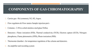 COMPONENTS OF GAS CHROMATOGRAPHY
1. Carrier gas:- He (common), N2, H2, Argon.
2. Flow regulators & Flow meters Sample injection port:-
3. Columns:- 2-50 m coiled stainless steel/glass/Teflon.
4. Detectors:- Flame ionization (FID), Thermal conductivity (TCD), Electron capture (ECD), Nitrogen-
phosphorus, Flame photometric (FPD), Photo-ionization (PID).
5. Thermostat chamber:- for temperature regulation of the column and detectors.
6. An amplifier and recording system
 