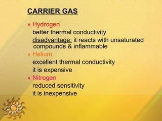 CARRIER GAS » Hydrogen   better thermal conductivity disadvantage:  it reacts with unsaturated compounds & inflammable » Helium excellent thermal conductivity it is expensive » Nitrogen reduced sensitivity it is inexpensive 