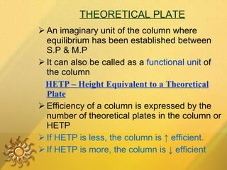 THEORETICAL PLATE An imaginary unit of the column where equilibrium has been established between S.P & M.P It can also be called as a  functional unit  of the column HETP – Height Equivalent to a Theoretical Plate Efficiency of a column is expressed by the number of theoretical plates in the column or HETP If HETP is less, the column is  ↑ efficient. If HETP is more, the column is ↓ efficient 