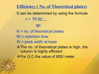 Efficiency ( No. of Theoretical plates) It can be determined by using the formula n =  16   Rt 2  w 2 N = no. of theoretical plates Rt = retention time W   = peak width at base The no. of theoretical plates is high, the column is highly efficient For G.C the value of 600/ meter 