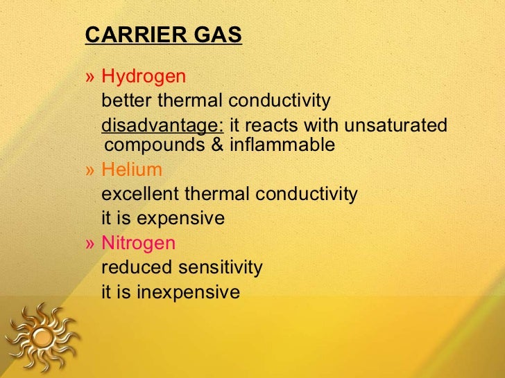 CARRIER GAS <ul><li>Â» Hydrogen   </li></ul><ul><li>better thermal conductivity </li></ul><ul><li>disadvantage:  it reacts ...
